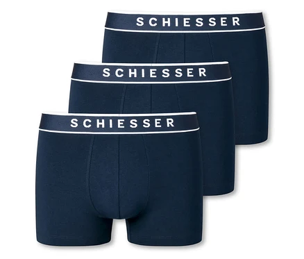 Három sötétkék SCHIESSER boxeralsó biopamuttal.