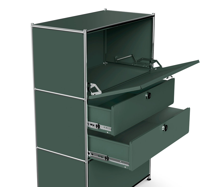 Olívazöld »CN3« fém komód 2 lenyíló ajtóval és 2 fiókkal, melyek közül egy ajtó és egy fiók nyitva van.