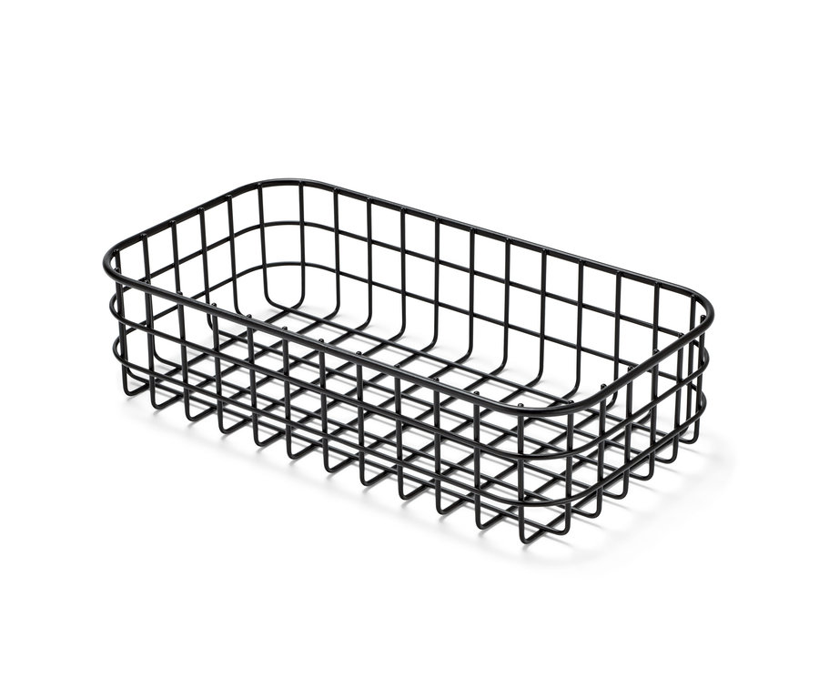 Fekete fém fűszertartó kosár.