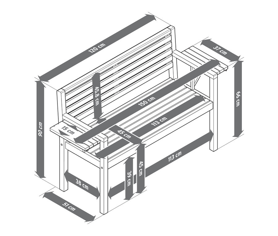 A »Lenja« kerti pad méretei kihajtható kartámlákkal.
