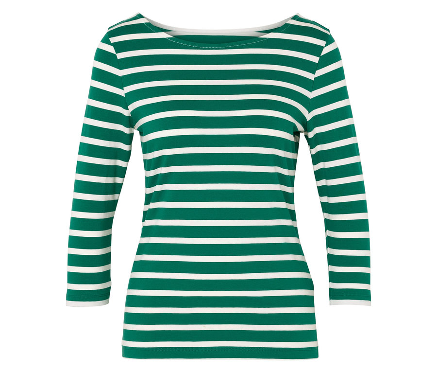 Zöld-fehér csíkos, hosszú ujjú póló.