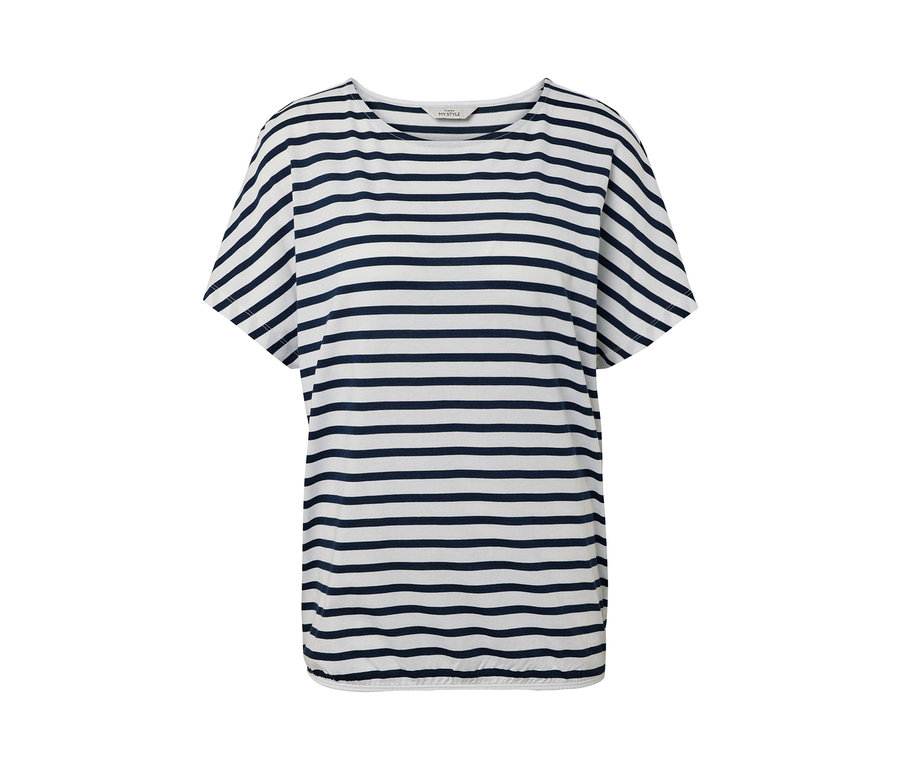 Csíkos, ejtett vállú pólóblúz.