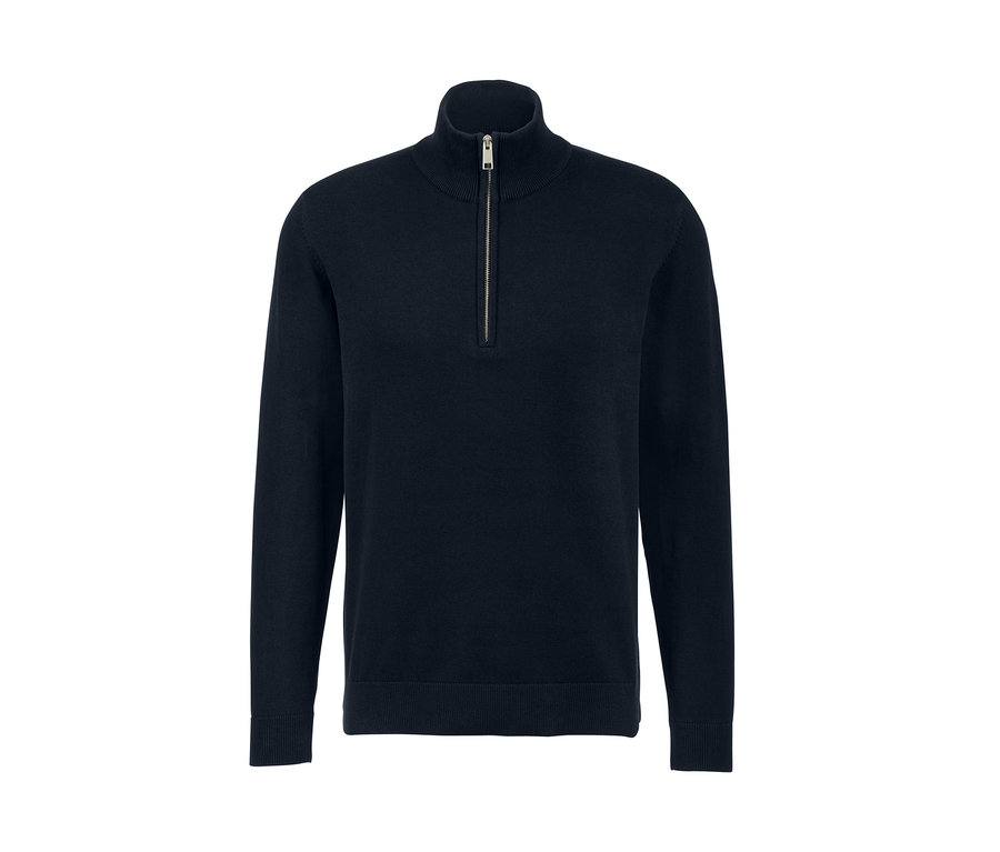Sötétkék, vastag kötésű, állógalléros férfi pulóver cipzárral.