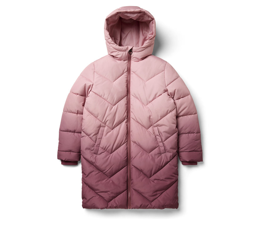Rózsaszín, steppelt, kapucnis, cipzáras kabát.