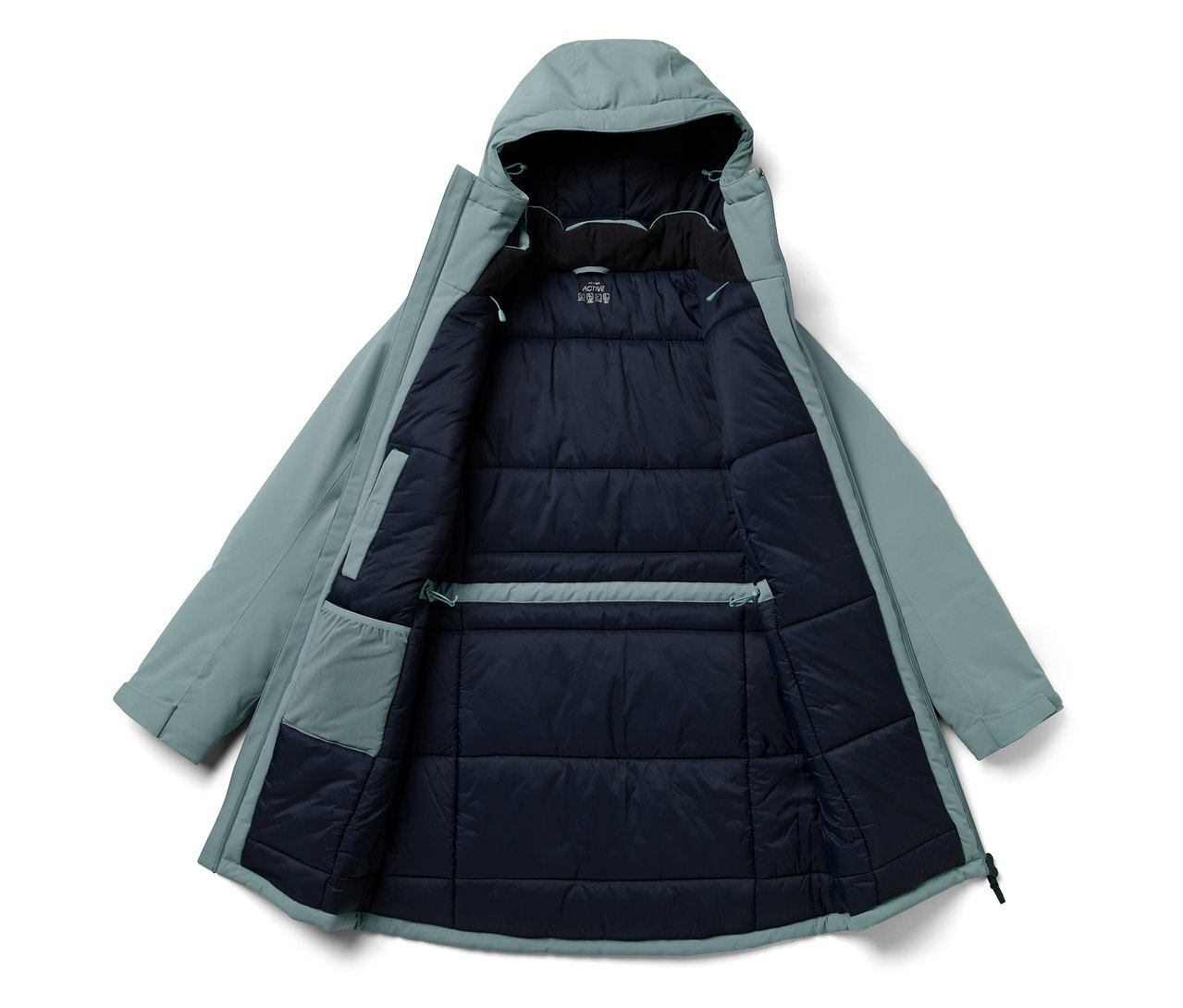 Nyitott, világoszöld kapucnis kabát sötétkék belsővel.