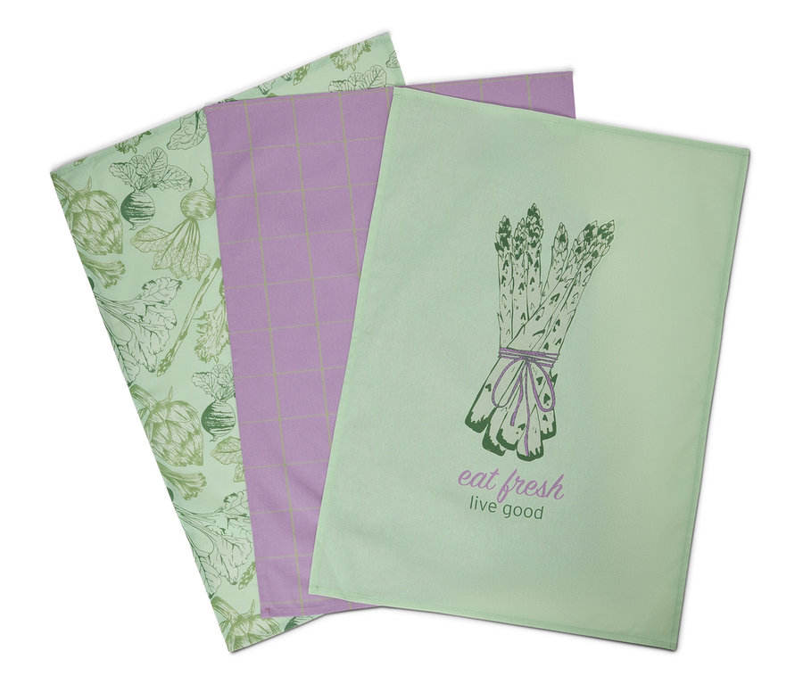 Három konyharuha: világoszöld articsókával és répával, lila kockás és világoszöld spárgával.