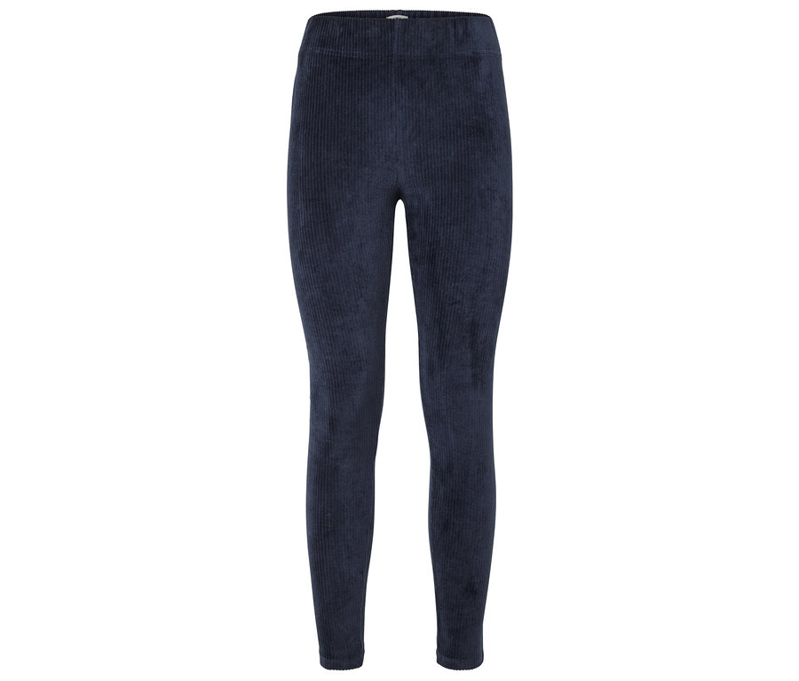 Egy sötétkék kordbársony leggings fehér háttérrel.