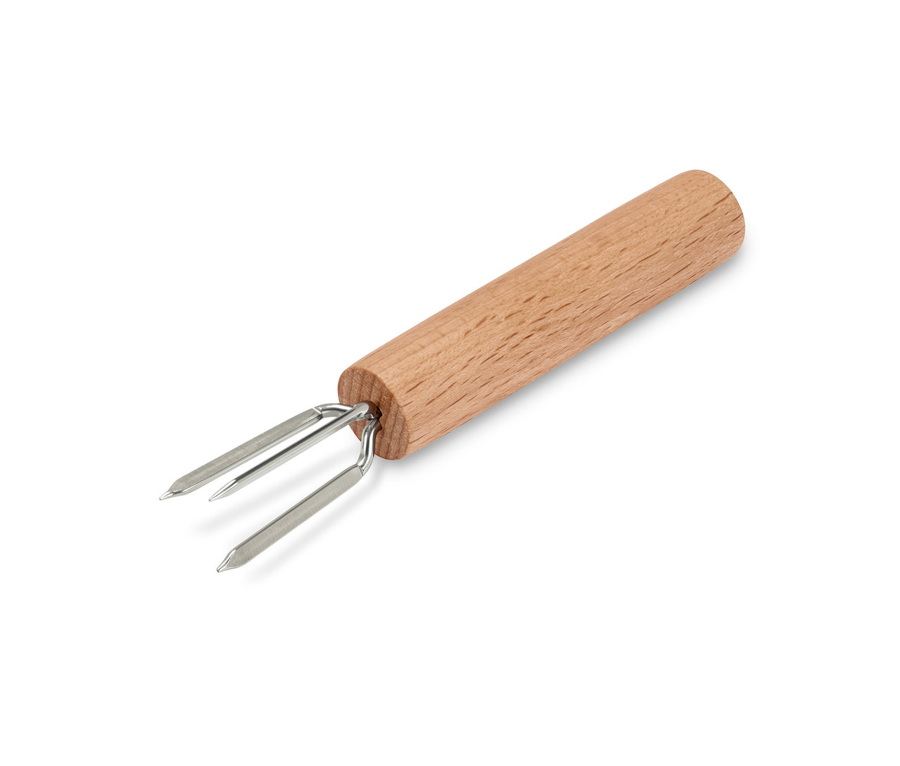 Egy kukoricacső tartó fa nyéllel és két ezüst színű villával.