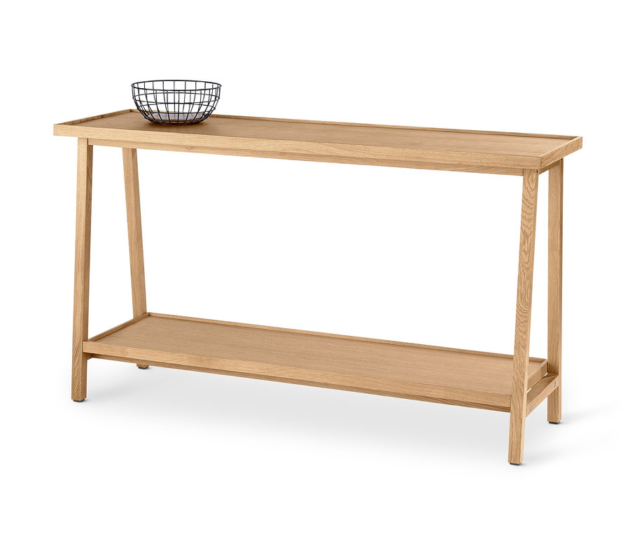 Konzolasztal polccal, tölgy színben. A felső polcon egy drótkosár található.
