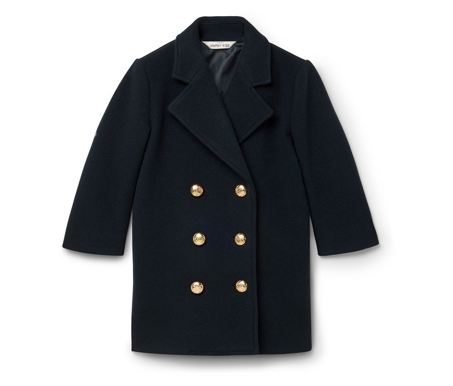 Sötétkék, kétsoros kabát arany gombokkal.