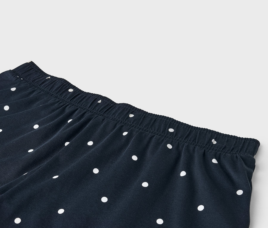 Részlet egy tengerészkék nadrágról fehér pöttyökkel és gumis derékpánttal.