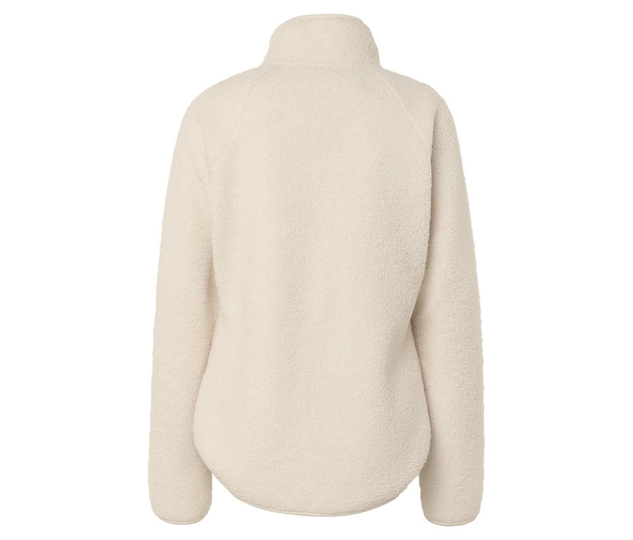 Hátulnézet egy krémszínű, cipzáros fleece pulóverről.