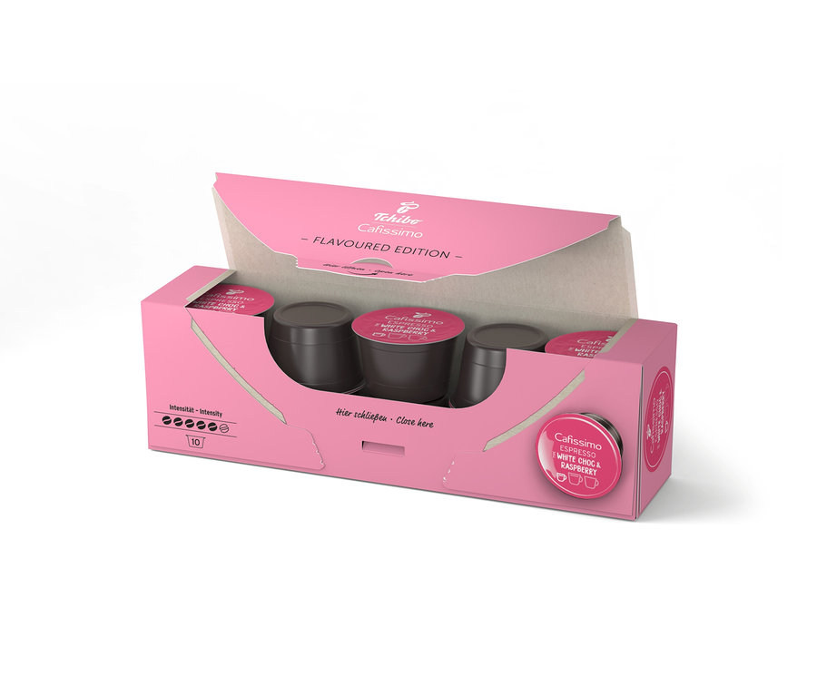 Nyitott, rózsaszín Cafissimo Flavoured Espresso - White Choc & Raspberry csomag tíz kapszulával.