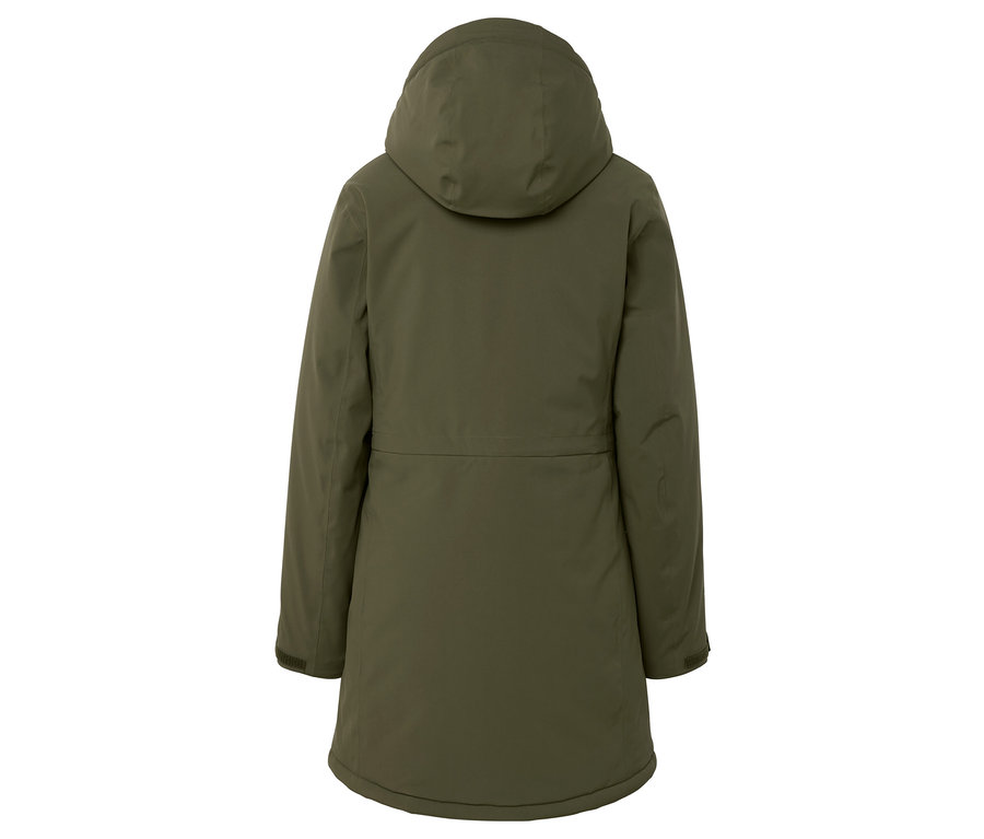 Hátulnézet egy olívazöld téli kabátról kapucnival.