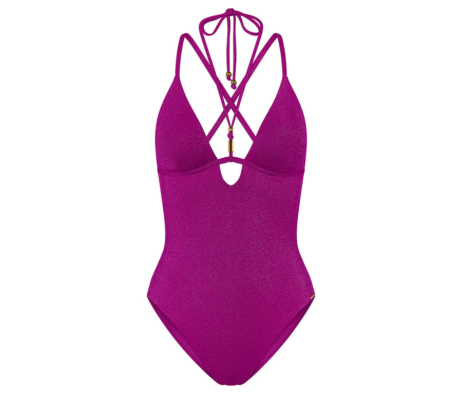 Csillogó, magenta Triumph Summer Sunset OP 01 egyrészes fürdőruha, nyakba akasztós, keresztezett pántokkal és arany díszítéssel.