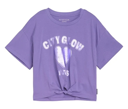 Lila póló "City Glow" szív mintával és csomóval elöl.
