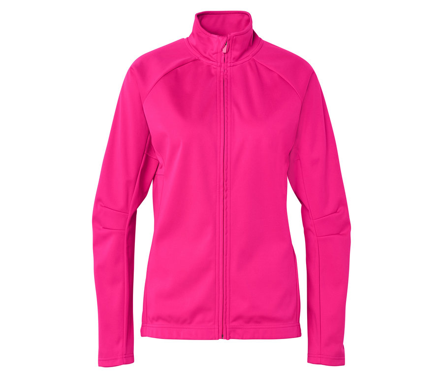 Rózsaszín, cipzáras polár pulóver látható fehér háttér előtt.