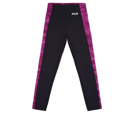 Elölről fényképezett, rózsaszín oldalsó csíkokkal ellátott fekete FILA női sportleggings.