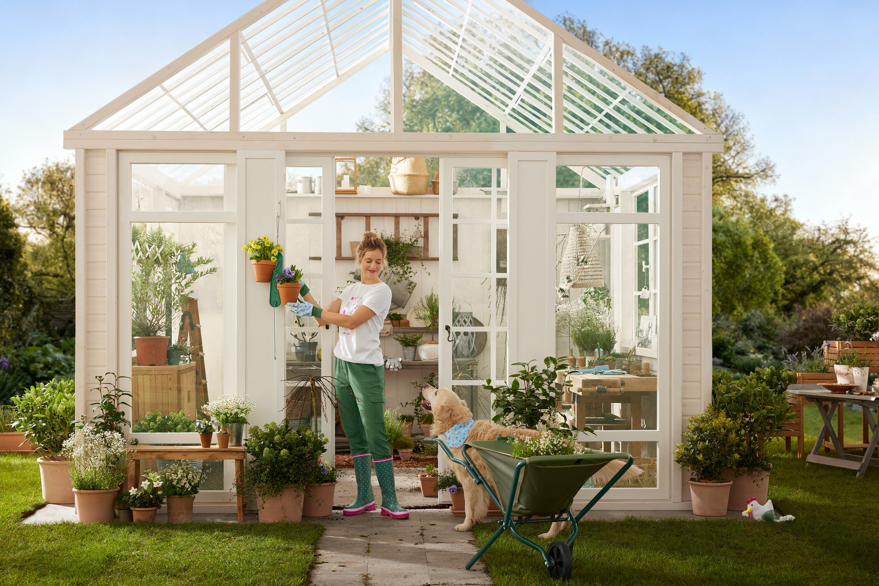 Egy nő kertészkesztyűben virágcserepeket akaszt egy üvegházra, miközben egy kutya egy talicska mellett áll.