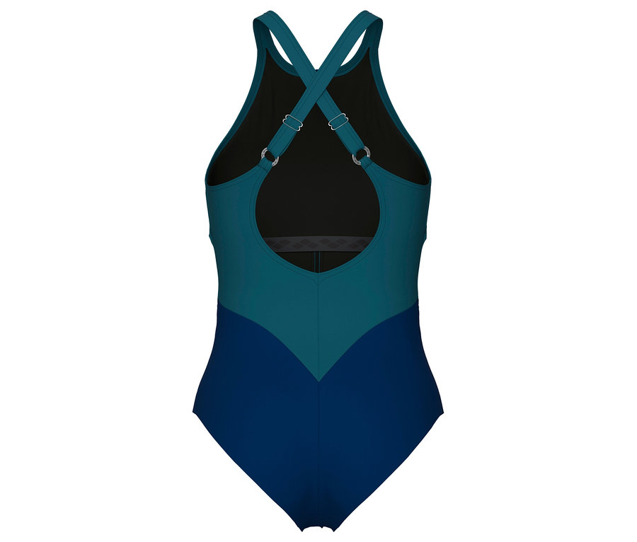 Hátulnézet egy tengerészkék-türkiz fürdőruháról keresztezett pántokkal.