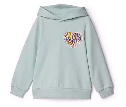 Világoszöld SMILEYWORLD® kapucnis szabadidőfelső, bal mellkasán színes szív alakú grafikával, amelyen a 'SMILEY WORLD' felirat és egy smiley arc látható.