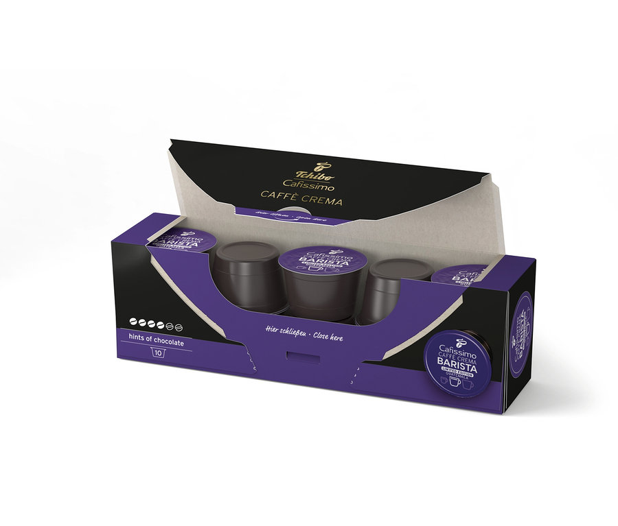 Nyitott Cafissimo BARISTA Caffè Crema Guatemala – 10 db-os kávékapszula csomag barna kapszulákkal.