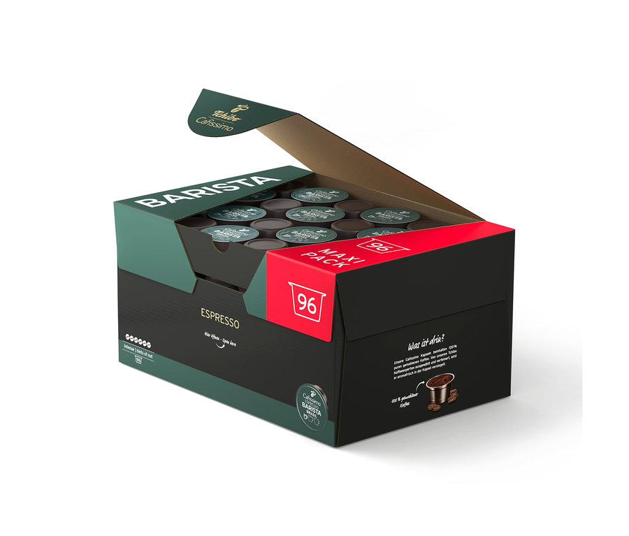 Nyitott Tchibo Cafissimo BARISTA Espresso csomag 96 kapszulával, sötétzöld és fekete színben, piros részletekkel.
