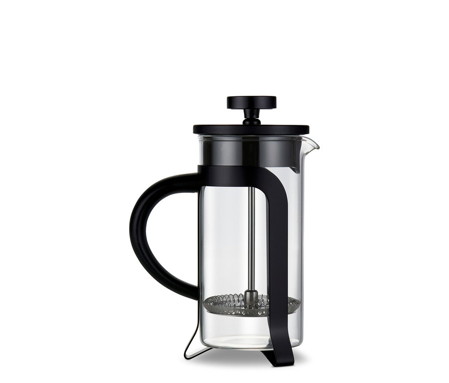 Fekete dugattyús kávéfőző, 300 ml-es, 2 csészés.