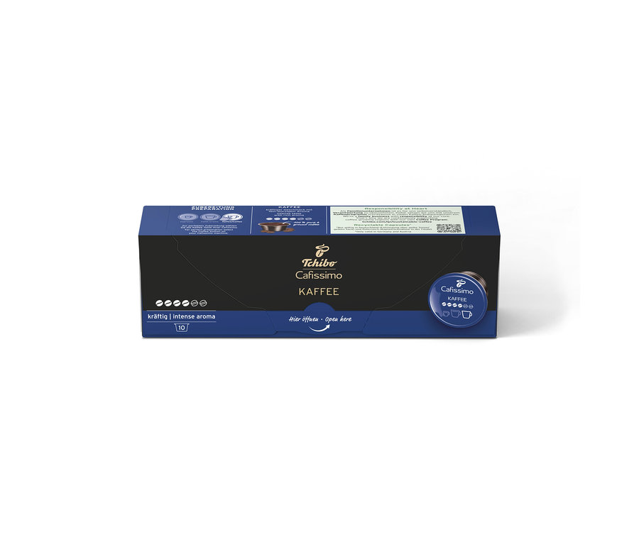 Sötétkék kávékapszula csomagolás "Tchibo Cafissimo KAFFEE" felirattal, "kräftig | intense aroma" jelöléssel és 10 kapszulával.