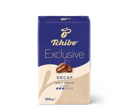 Csomag Tchibo Exclusive Decaf 250g őrölt kávé kék-fehér csomagolásban.