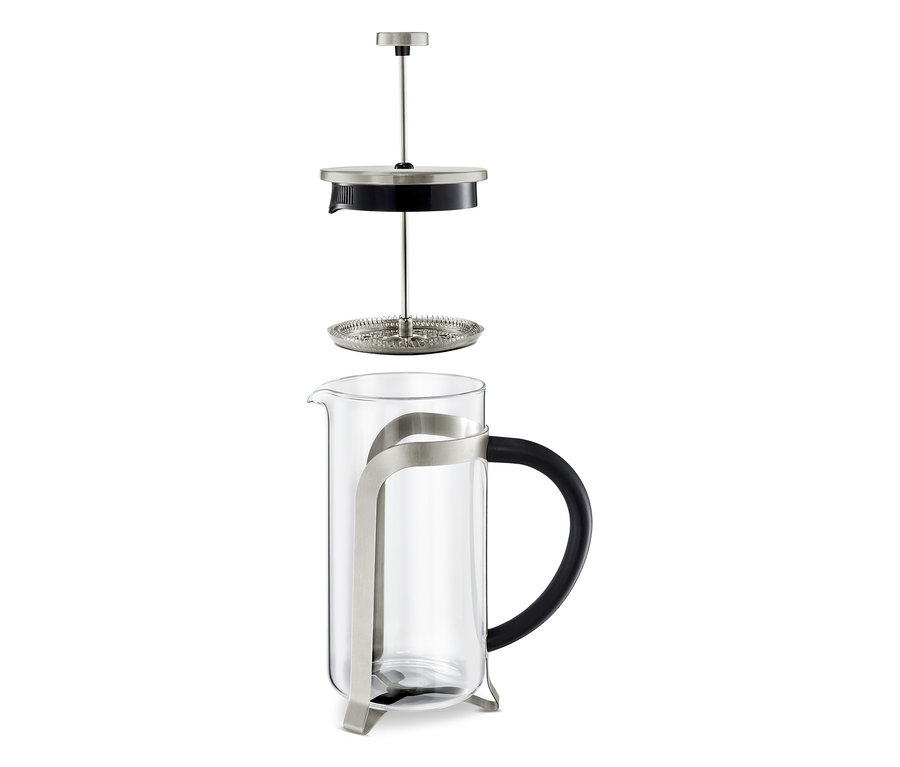 Egy szétszerelt, ezüst színű, 800 ml-es, 6 csészés dugattyús kávéfőző.