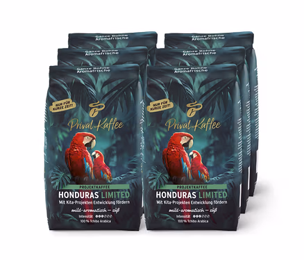 Hat sötétzöld Privat Kaffee Honduras Limitált Kiadású kávécsomag trópusi levelekkel és vörös arapapagájokkal, egész szemes.