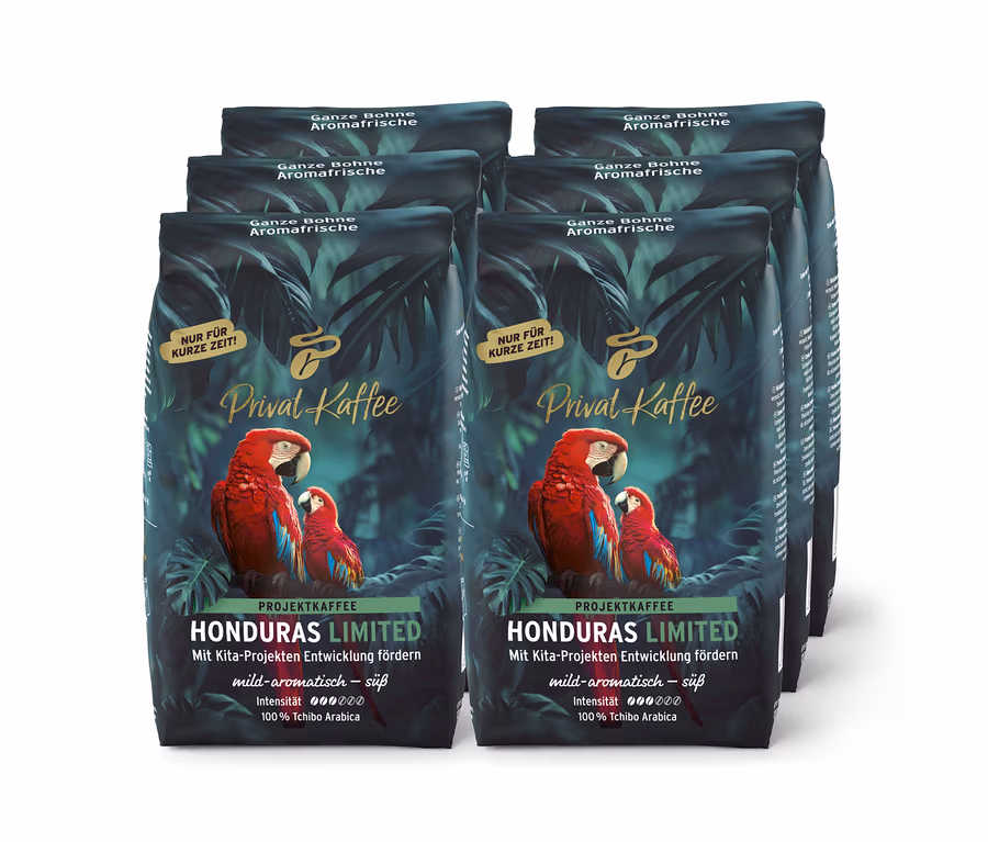 Hat sötétzöld Privat Kaffee Honduras Limitált Kiadású kávécsomag trópusi levelekkel és vörös arapapagájokkal, egész szemes.
