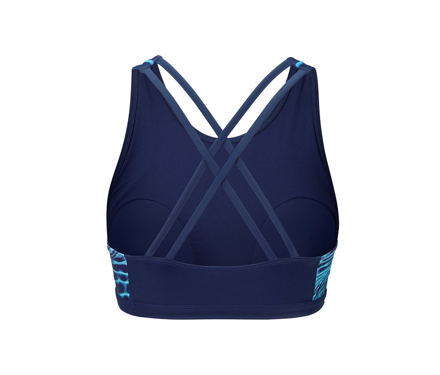 Kék női sport bikinifelső hátulról, keresztezett pántokkal.