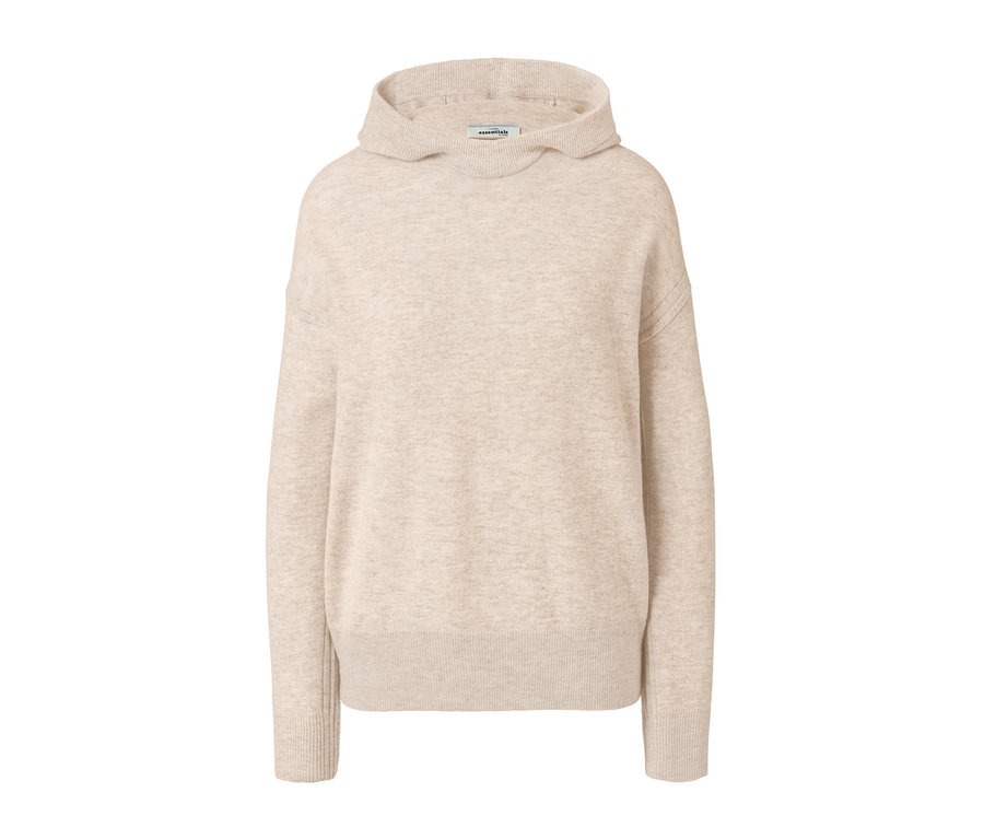 Bézs, finomkötésű, kapucnis női pulóver.