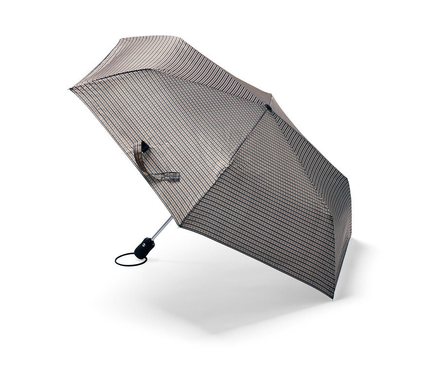 Nyitott, automata, tyúklábmintás táskaesernyő.