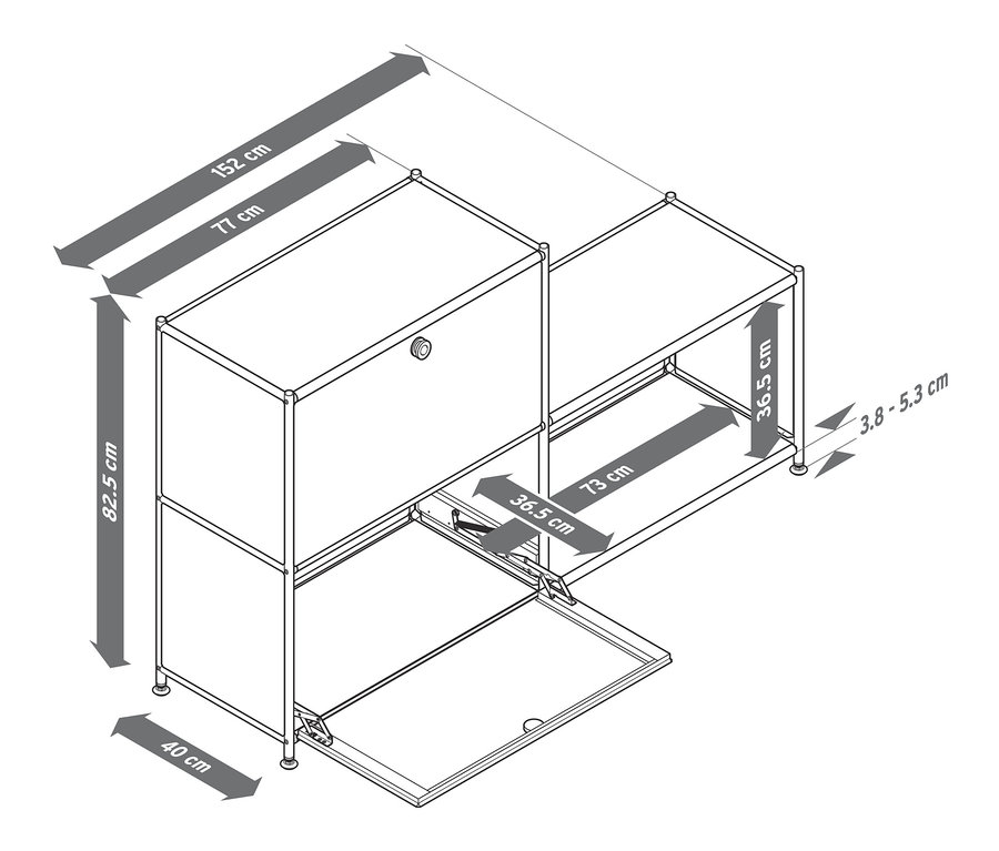 A világosszürke és bazaltkék polcos komód »CN3« 2 lenyitható ajtóval és a fehér »CN3« 3 rekeszes fém szekrény méretei.