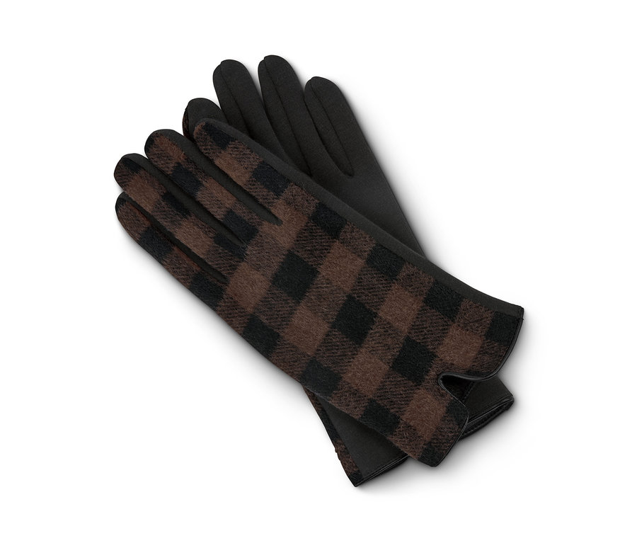 Két női kockás, barna/fekete kesztyű egymáson fekszik.