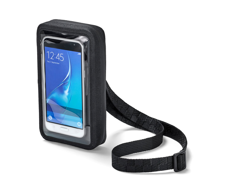 Fekete 2 az 1-ben okostelefon-táska átlátszó előlappal és vállpánttal.