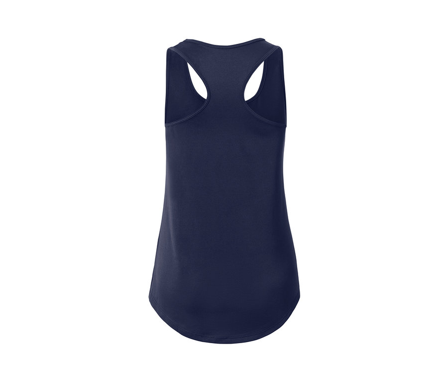 Egy sötétkék funkcionális atléta hátulnézete.