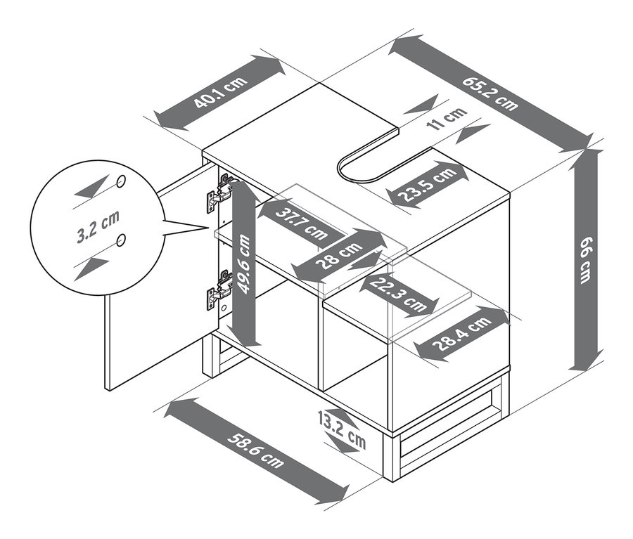 Egy mosdó alatti szekrény rajza ajtóval és oldalsó rekesszel, a megfelelő méretekkel.