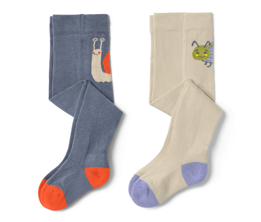 Két kisgyerek harisnyanadrág csiga és bogár mintával.