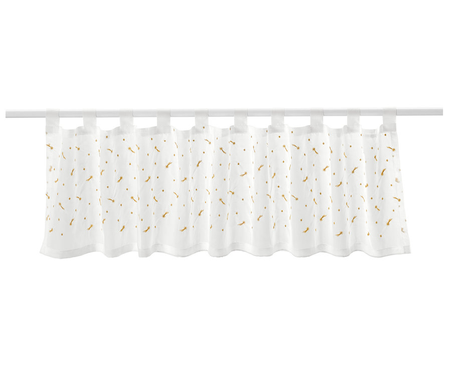 Hímzett, arany színű hullócsillag mintás vitrázsfüggöny fehér karnison.