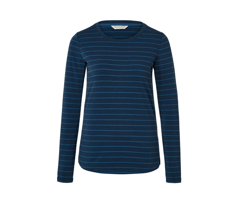 Csíkos, sötétkék női hosszú ujjú sportfelső.