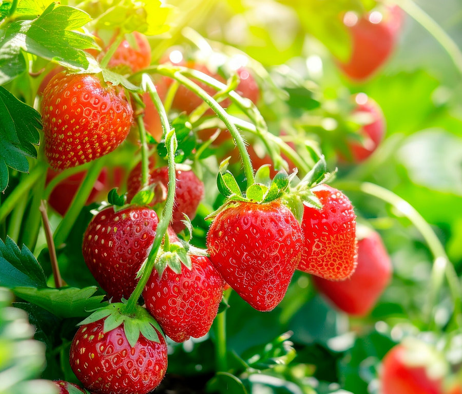 Piros eper növekszik a növényen.