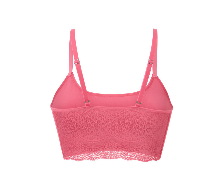 Részlet egy rózsaszín, csipkés, seamless bustier melltartó hátulról.