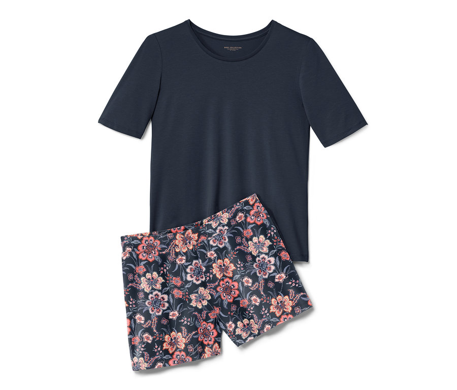 Sötétkék virágos női rövidnadrágos pizsama.