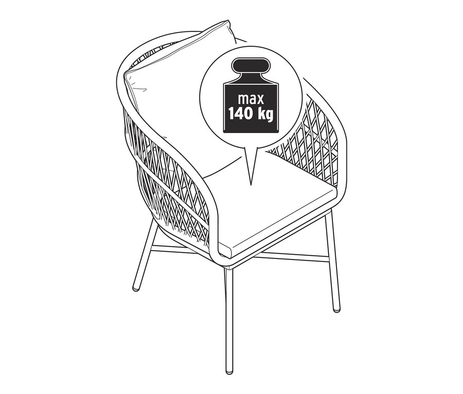 Egy polyrattan kerti étkezőszék illusztrációja, maximum 140 kg-os terhelhetőséggel.