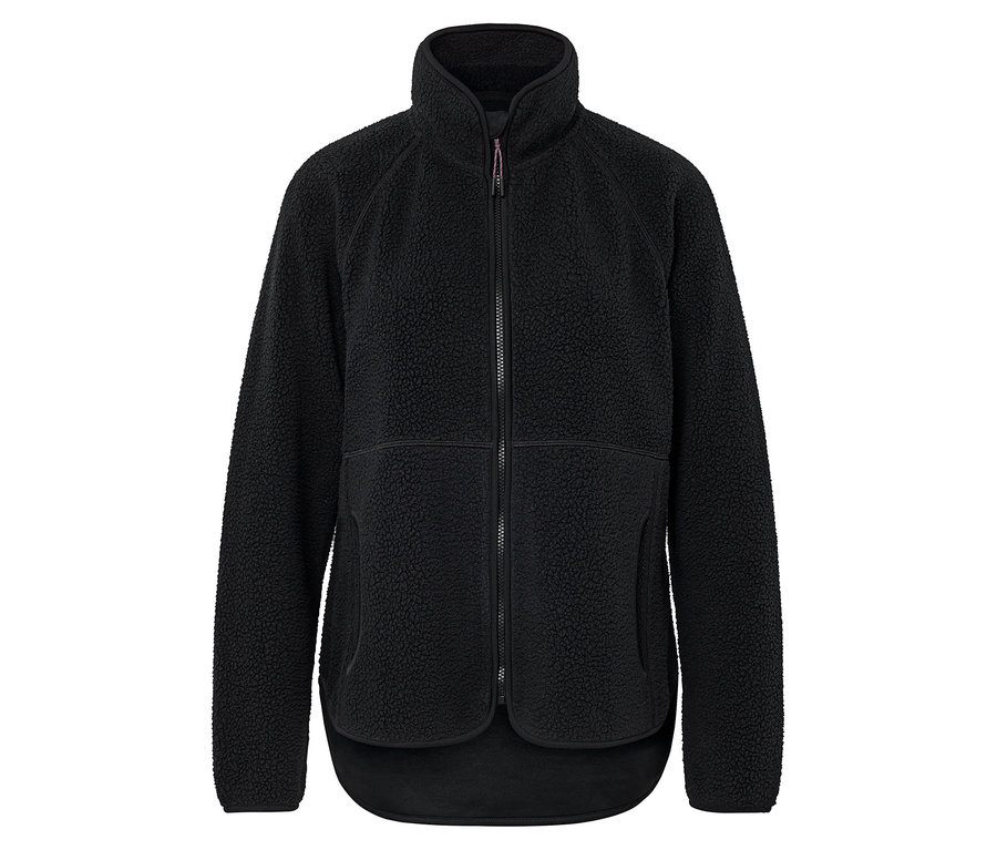 Fekete plüsskabát, végig cipzáros.