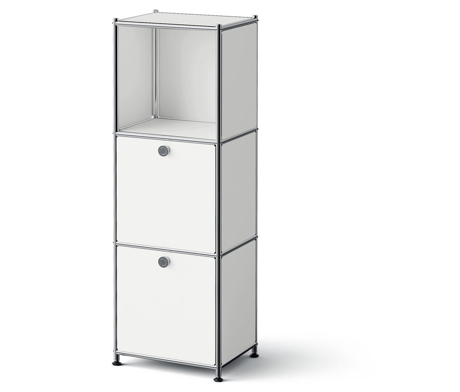 Fehér, moduláris tárolórendszer két fiókkal és egy nyitott felső rekesszel.